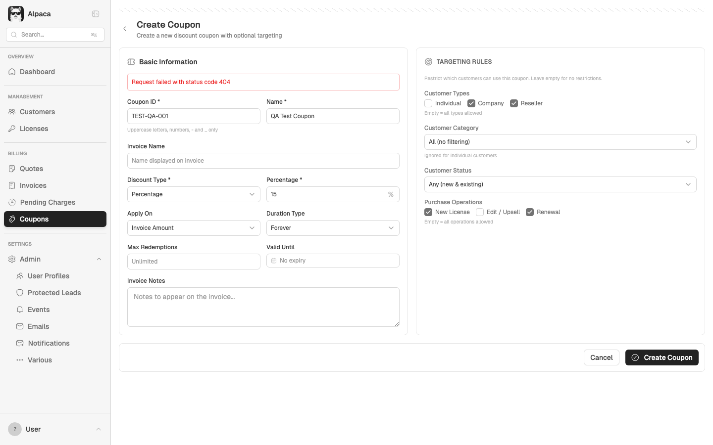 Create Coupon 404 error