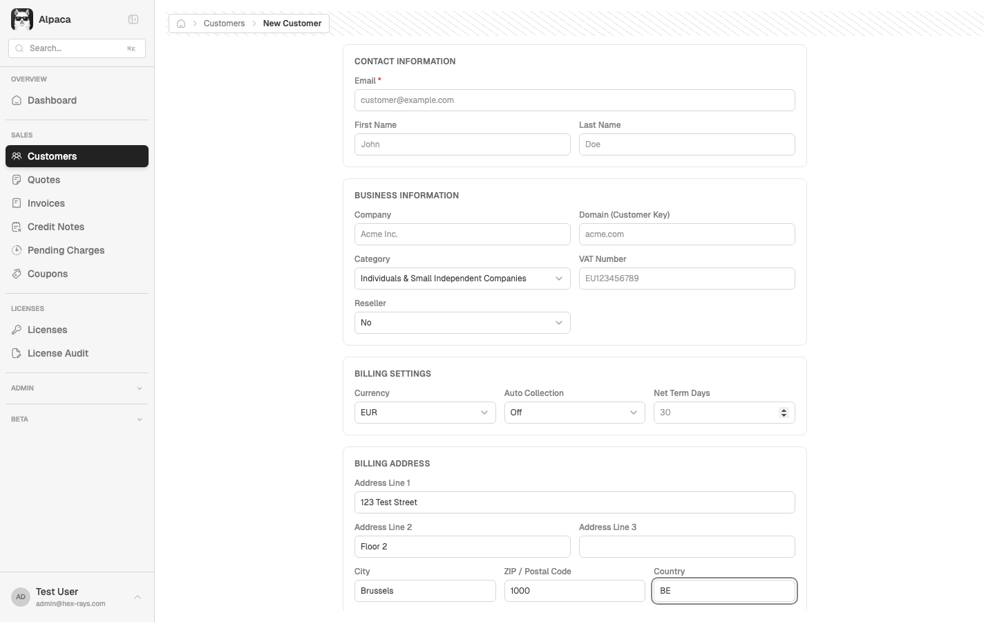 Billing address fields