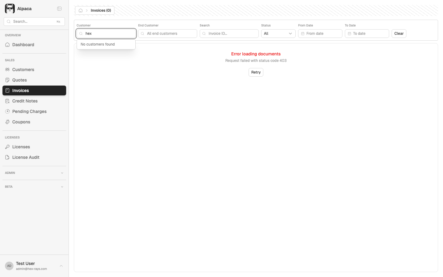 Invoices 403 error screenshot